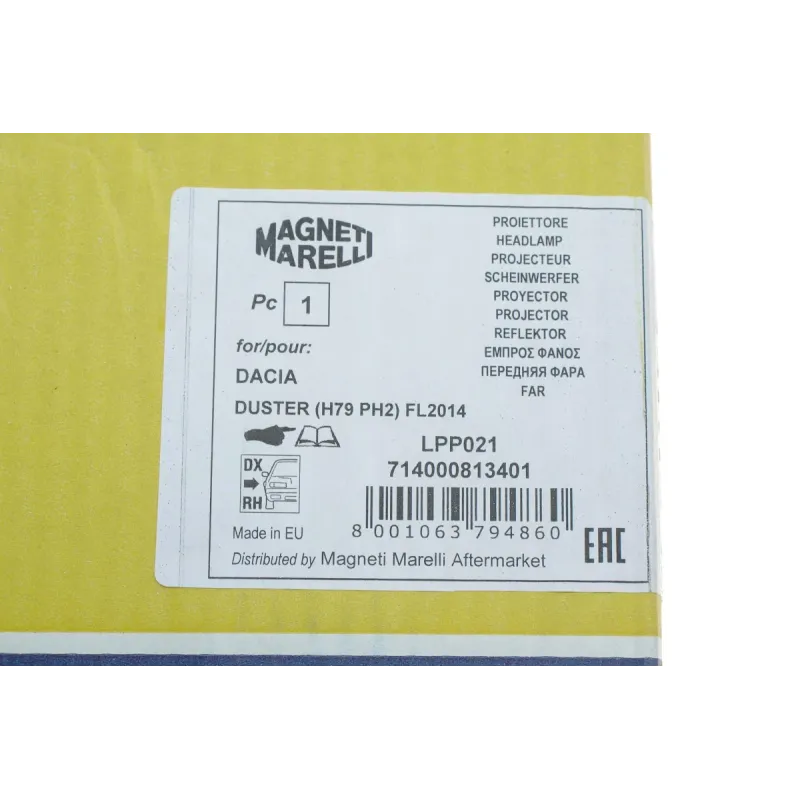 Фара права MAGNETI MARELLI 714000813401 для Dacia Duster 2013- (H7/H1)