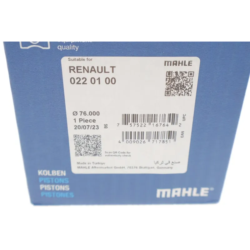 Поршень MAHLE 022 01 00 для Renault Kangoo 1.5dCi 01-, Dacia Logan 1.5dCi, Nissan Kubistar 1.5dCi (76.00mm/STD, палець 26mm)