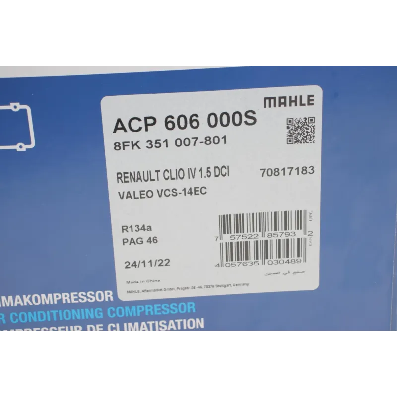 Компресор кондиціонера MAHLE ACP 606 000S для Renault Captur/Clio IV 1.5 dCi 12- (140 куб. см, 6 канавок)