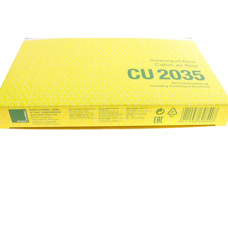 Фільтр салону MANN-FILTER CU 2035 для Toyota Avensis T25 2003-2008, Corolla E12 2002-2007, 198x220x20 мм