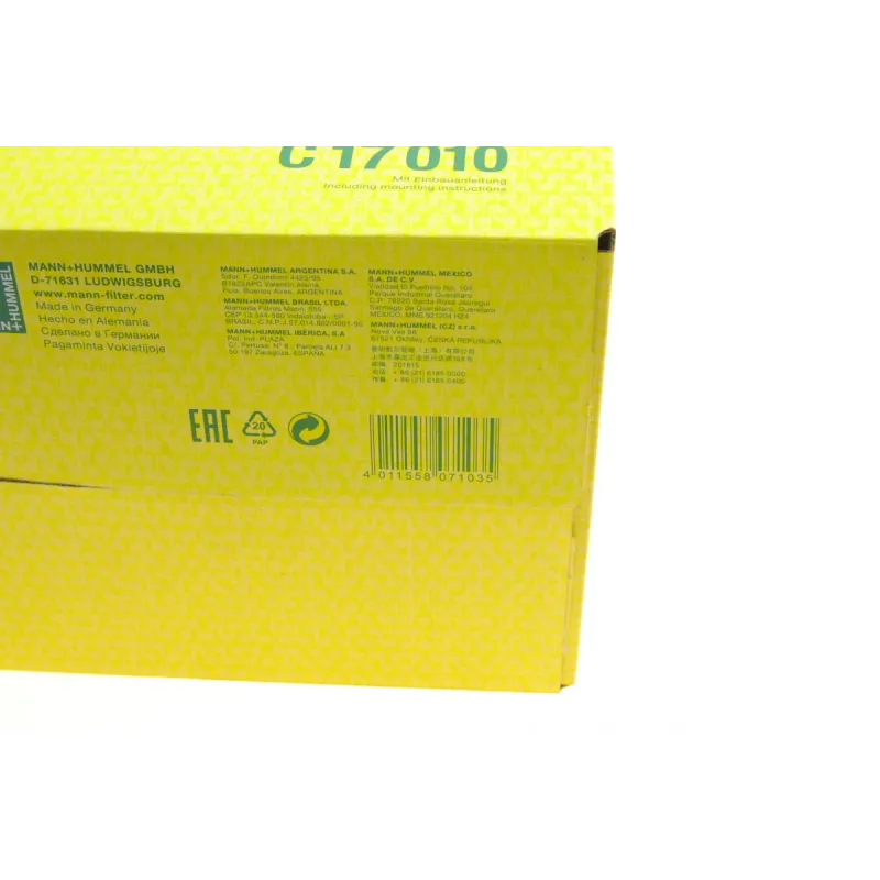 Фільтр повітряний MANN-FILTER C 17 010 для Audi A4 B9 2.0TDI/3.0TDI/TFSI 2015-, 180x152x104 мм