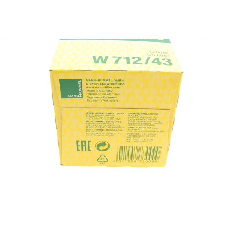 Фільтр масляний MANN-FILTER W712/43 для Ford Escort/Fiesta, Skoda Favorit, 76x79 мм