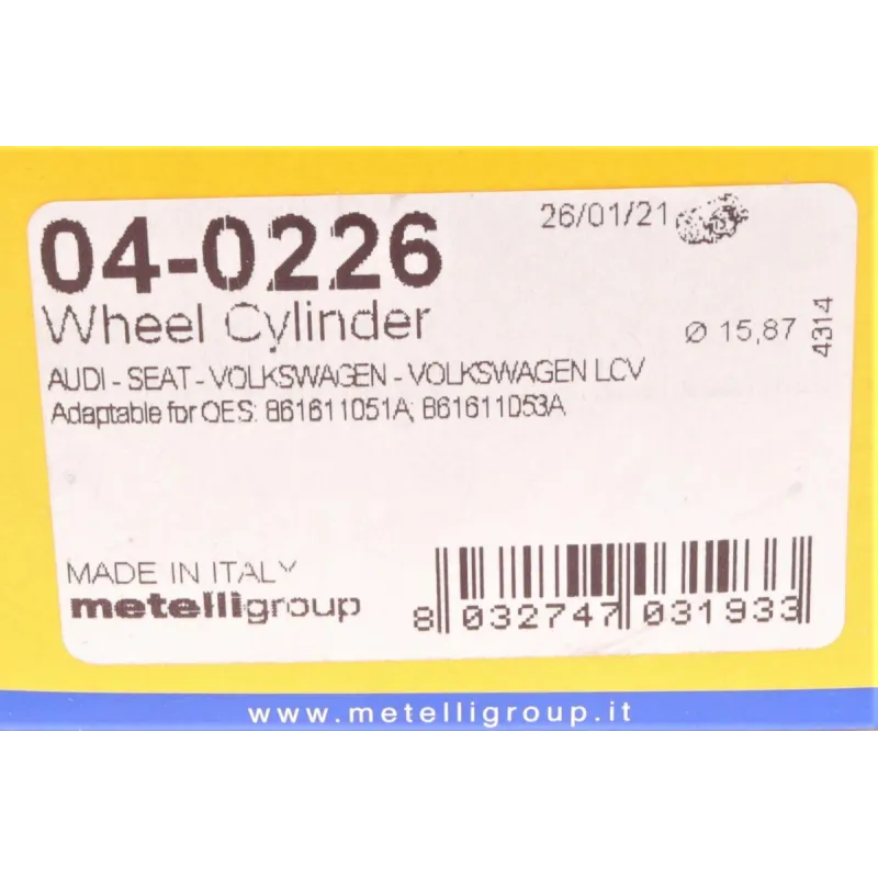 Циліндр гальмівний задній METELLI 04-0226 для Audi 80/100, Seat Arosa, VW Golf III/Passat B2/Polo/Lupo, Ø 15,87 мм