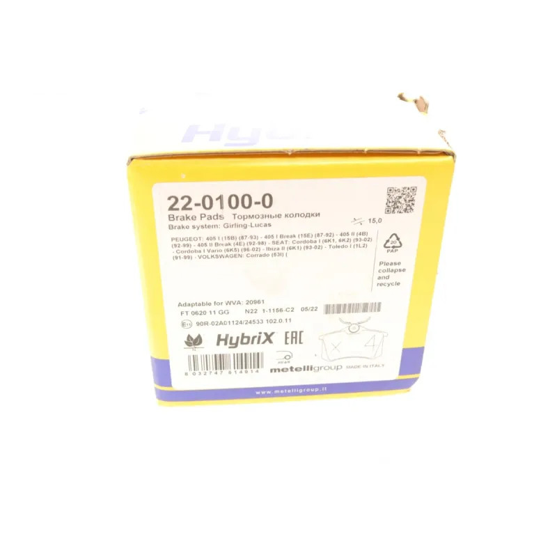 Колодки гальмівні задні METELLI 22-0100-0 для VW Golf II/III, Passat B2/B3/B4, Polo, Peugeot 405