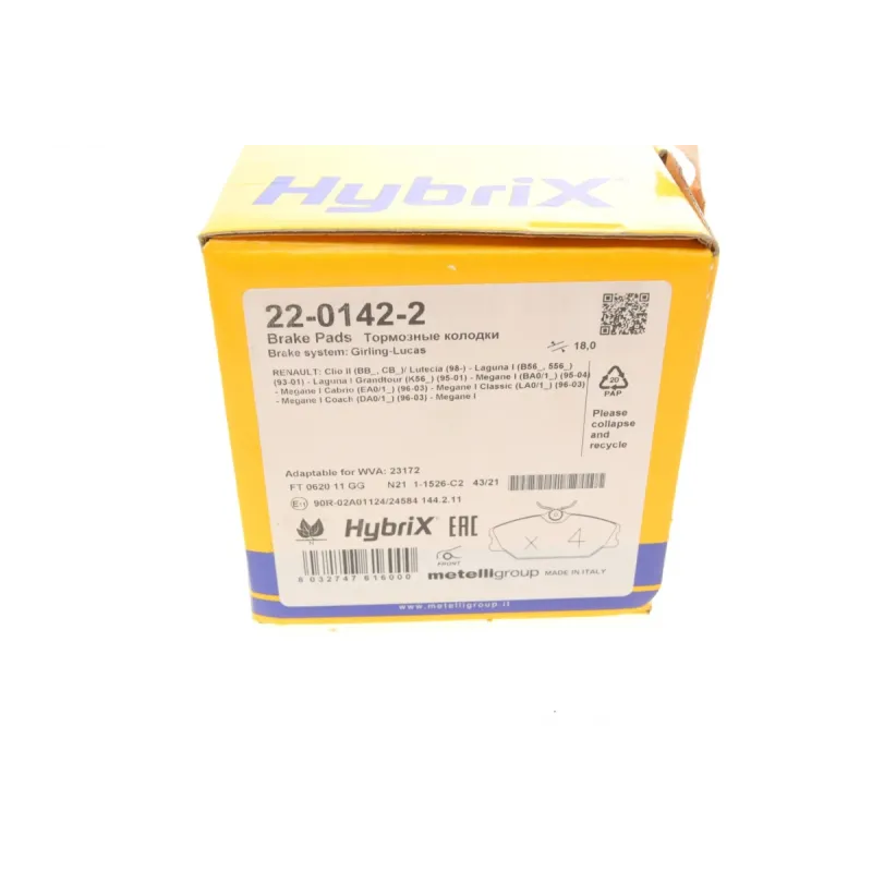 Колодки гальмівні передні METELLI 22-0142-2 для Renault Clio II, Megane, Scenic 2000-2009