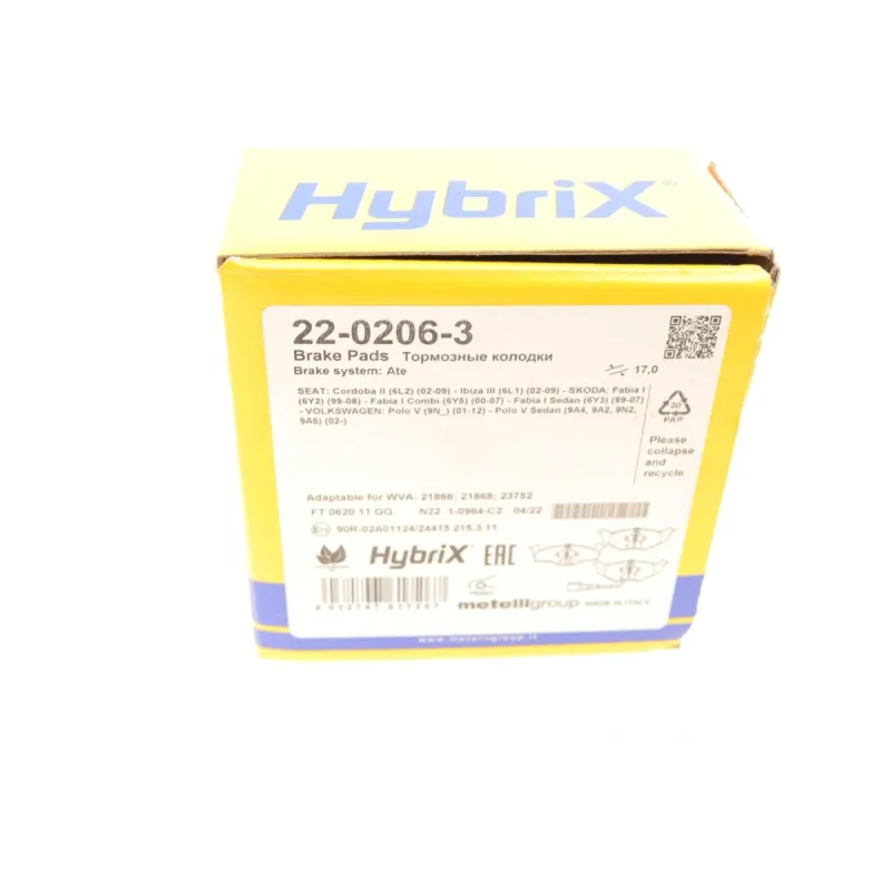 Колодки гальмівні передні METELLI 22-0206-3 для Skoda Fabia, VW Polo, Seat Ibiza (+датчик)