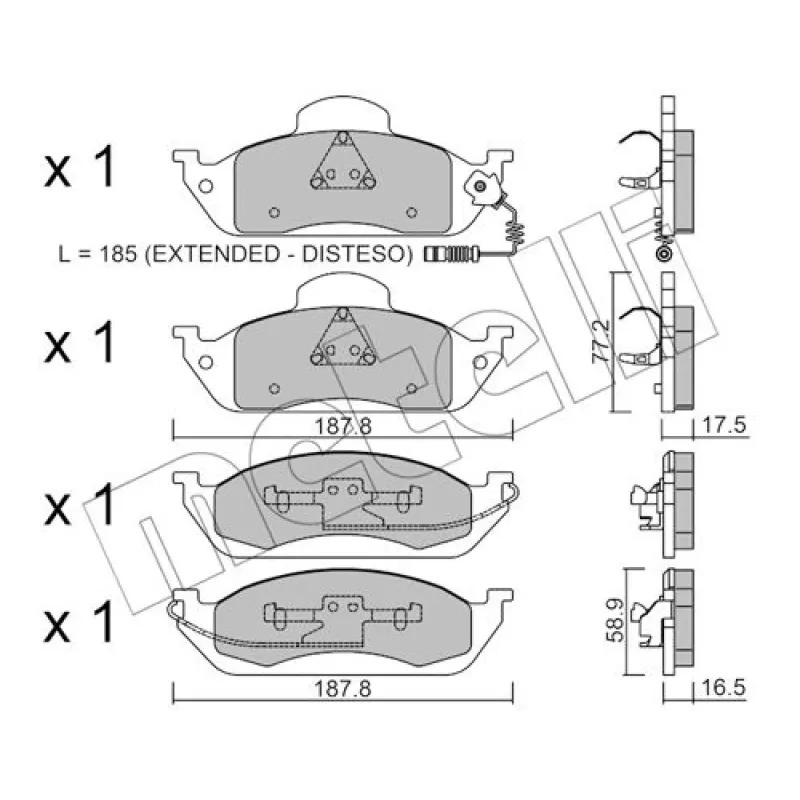 Колодки гальмівні передні METELLI 22-0569-0 для Mercedes-Benz M-Class W163 1998-2005 (187.8x58.9x16.5 мм) з датчиком