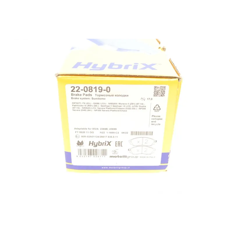 Колодки гальмівні передні METELLI 22-0819-0 для Renault Koleos, Nissan Qashqai, Murano, 157x58.4x17 мм