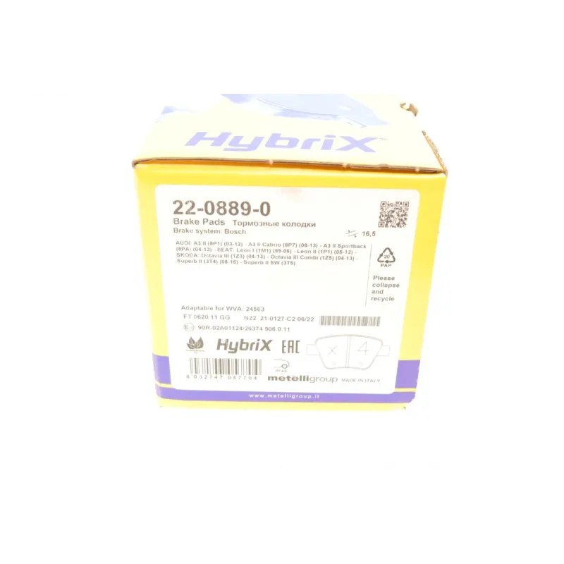Колодки гальмівні задні METELLI 22-0889-0 для Audi A3, VW Golf, Skoda Octavia, 16.5 мм