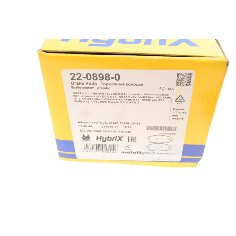 Колодки гальмівні передні METELLI 22-0898-0 для Renault Master III, Opel Movano B, Nissan NV400 2010-, 163.5x64.6x18 мм