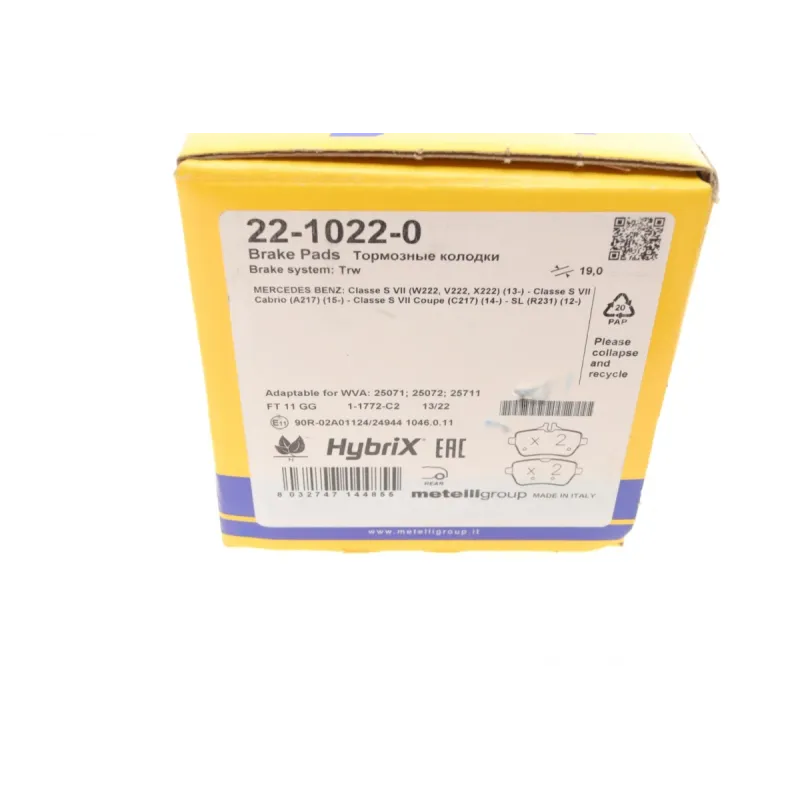 Колодки гальмівні задні METELLI 22-1022-0 для Mercedes-Benz S-Class (W222/V222/X222) 2013-, 19.0 мм