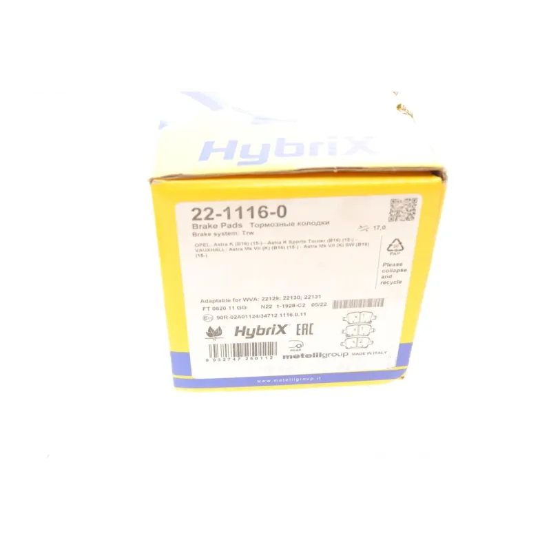Колодки гальмівні задні METELLI 22-1116-0 для Chevrolet Cruze, Opel Astra K, 106.5x46.6x17 мм