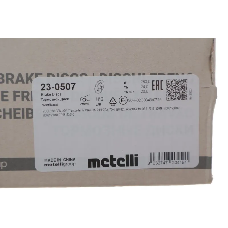 Диск гальмівний передній METELLI 23-0507 для Volkswagen Transporter T4 1995-2003 (280x24 мм, вентильований)