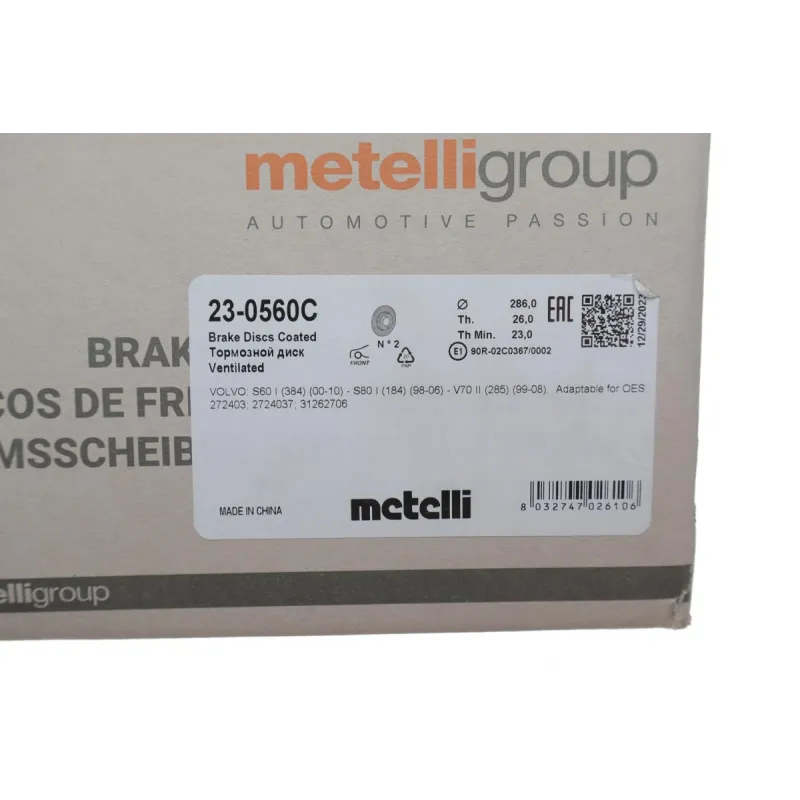 Диск гальмівний передній METELLI 23-0560C для Volvo S60/V70/XC70 286x26 мм