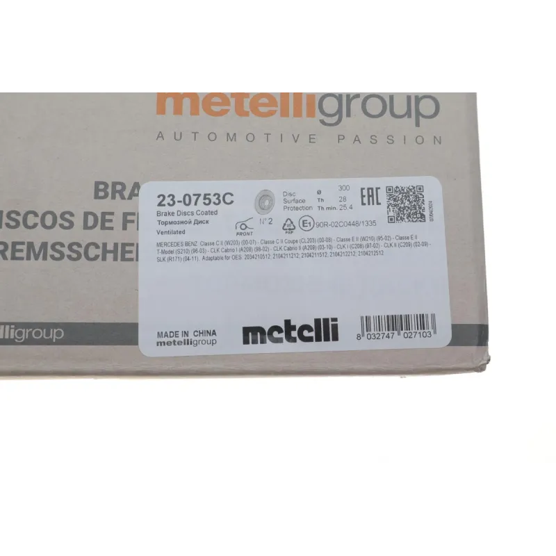 Диск гальмівний передній METELLI 23-0753C для Mercedes-Benz C-Class W203, E-Class W210, 300x28 мм (вентильований, з покриттям)