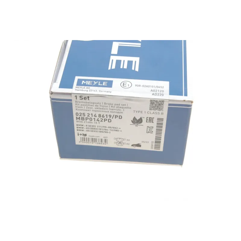 Колодки гальмівні передні MEYLE 025 214 8619/PD для BMW 5 (E39) 7 (E38) 1994-2008, 156.3x73.3x18.9 мм