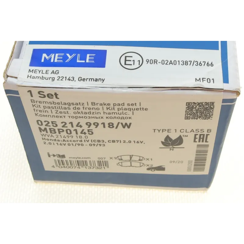 Колодки гальмівні передні MEYLE 025 214 9918/W для Honda Accord CB 1990-1993, Akebono