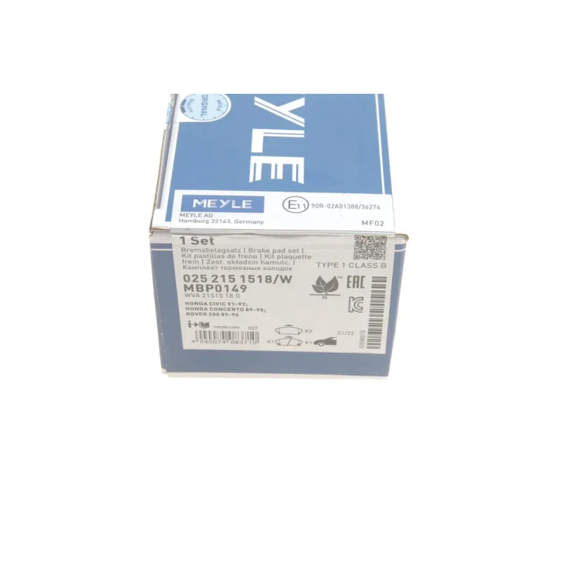Колодки гальмівні передні MEYLE 025 215 1518/W для Honda Civic VI/VII 1994-2005, 129.1x68.6x18 мм