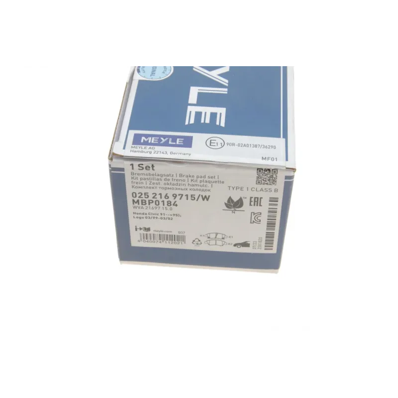 Колодки гальмівні передні MEYLE 025 216 9715/W для Honda Civic EG/EK 1991-2001 131.4x54.7x15 мм