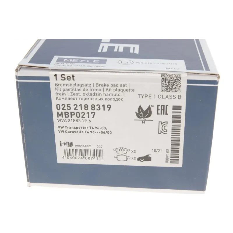 Колодки гальмівні передні MEYLE 025 218 8319 для Volkswagen Transporter T4 1990-2003 (2.0-2.8i, 1.9-2.5 TDI) 68.7x156.3x19.6 мм