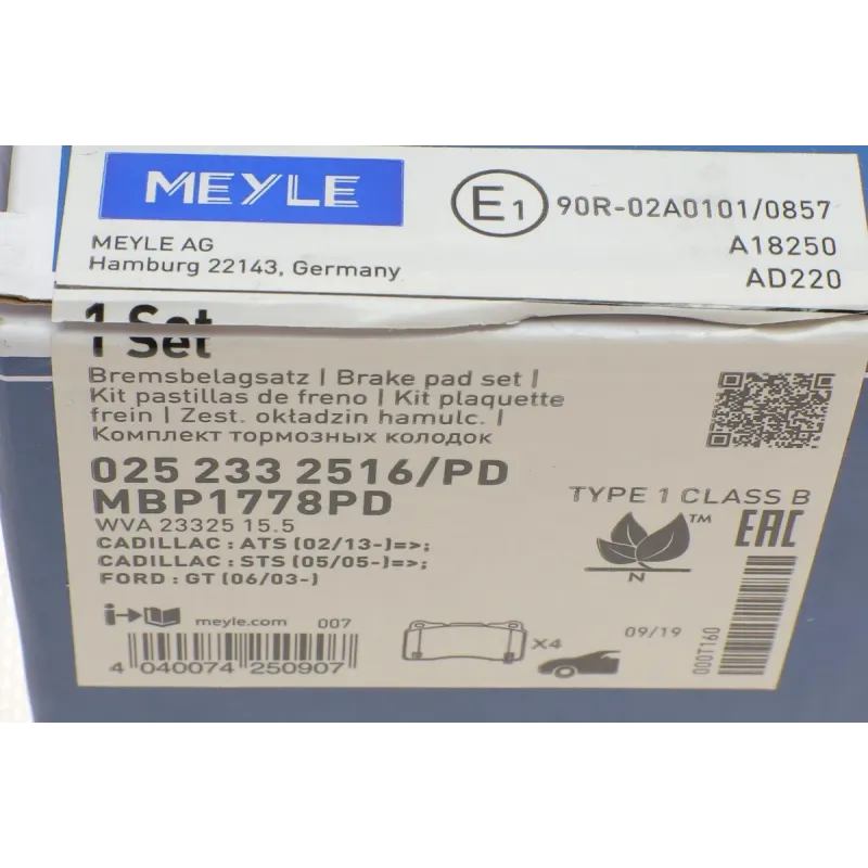 Колодки гальмівні передні MEYLE 025 233 2516/PD для Cadillac ATS, Honda Civic X, Tesla Model 3, 15.5 мм