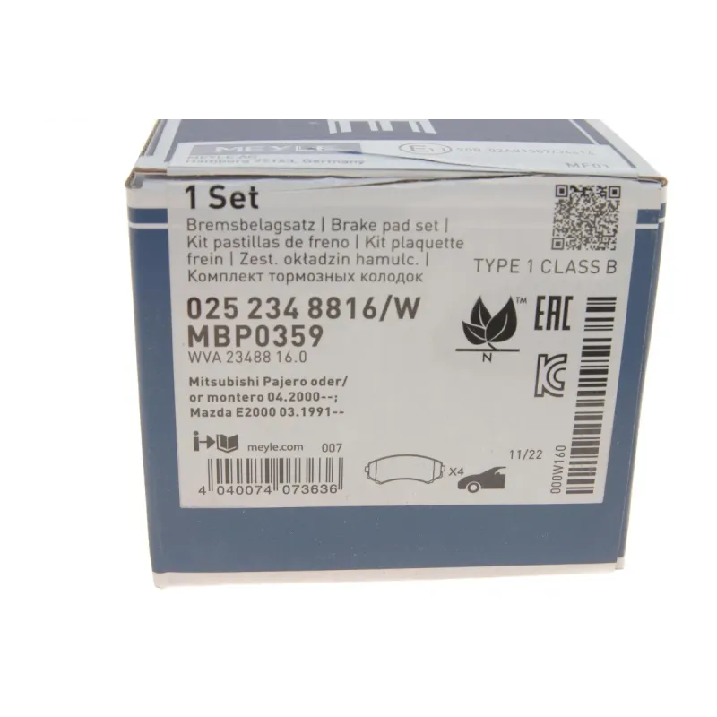 Колодки гальмівні передні MEYLE 025 234 8816/W для Mitsubishi Grandis, Pajero IV 2004-, Sumitomo