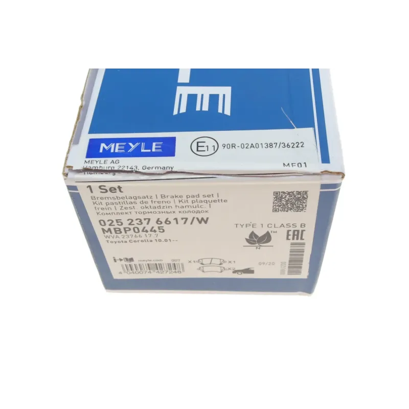 Колодки гальмівні передні MEYLE 025 237 6617/W для Toyota Corolla 2001-2014, 131.4x57.1 мм