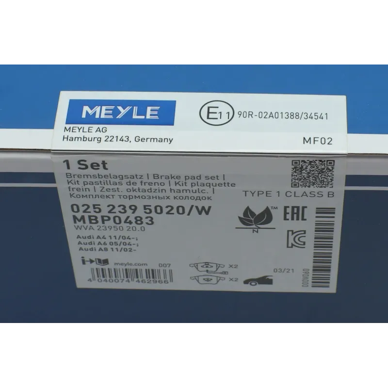Колодки гальмівні передні MEYLE 025 239 5020/W для Audi A4 B6/B7, A6 C5/C6, A8 D3 з датчиками, 155.1x72.8 мм
