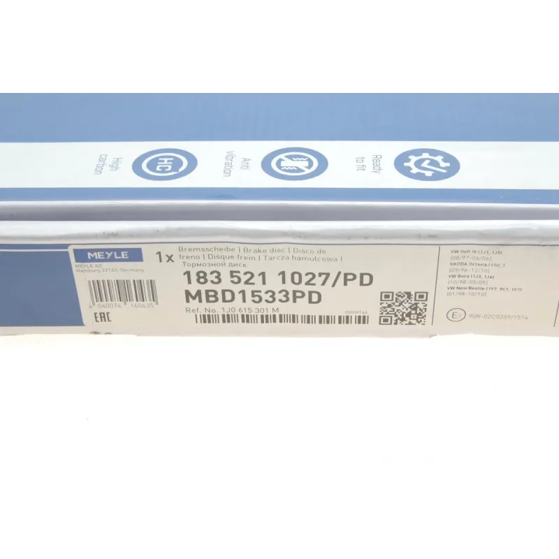 Диск гальмівний передній MEYLE 183 521 1027/PD для Skoda Octavia, VW Golf IV (280x22 мм)