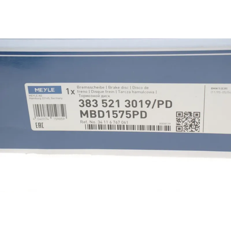 Диск гальмівний передній MEYLE 383 521 3019/PD для BMW 5 E39 1995-2004 (296x22 мм)