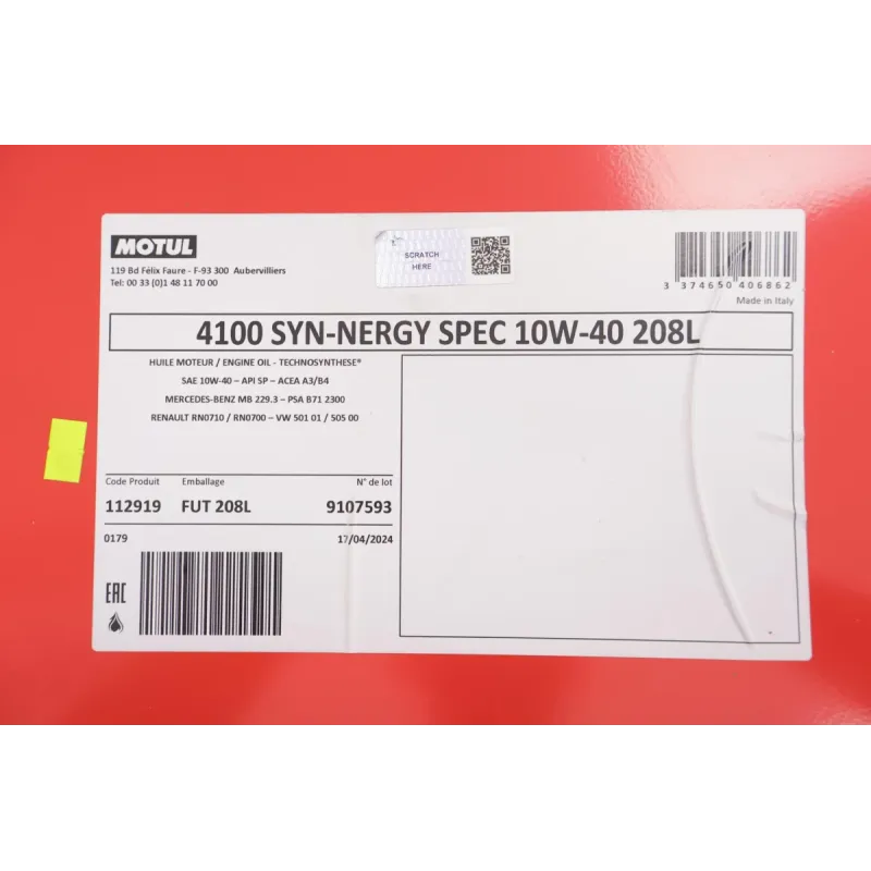 Моторна олива MOTUL 10W40 4100 Syn-nergy Spec 208л (MB 229.3/RN0710/RN0700/PSA B71 2300/VW 501 01/VW505 00) 387732
