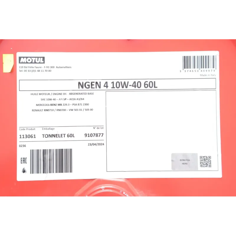 Моторна олива MOTUL 10W40 NGEN 4 60L (MB 229.3/RN0710/RN0700/PSA B71 2300/VW 501 01/VW505 00) 387804