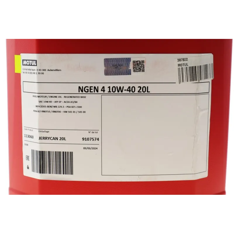Моторна олива MOTUL 10W40 NGEN 4 20L (MB 229.3/RN0710/RN0700/PSA B71 2300/VW 501 01/VW505 00) 387822