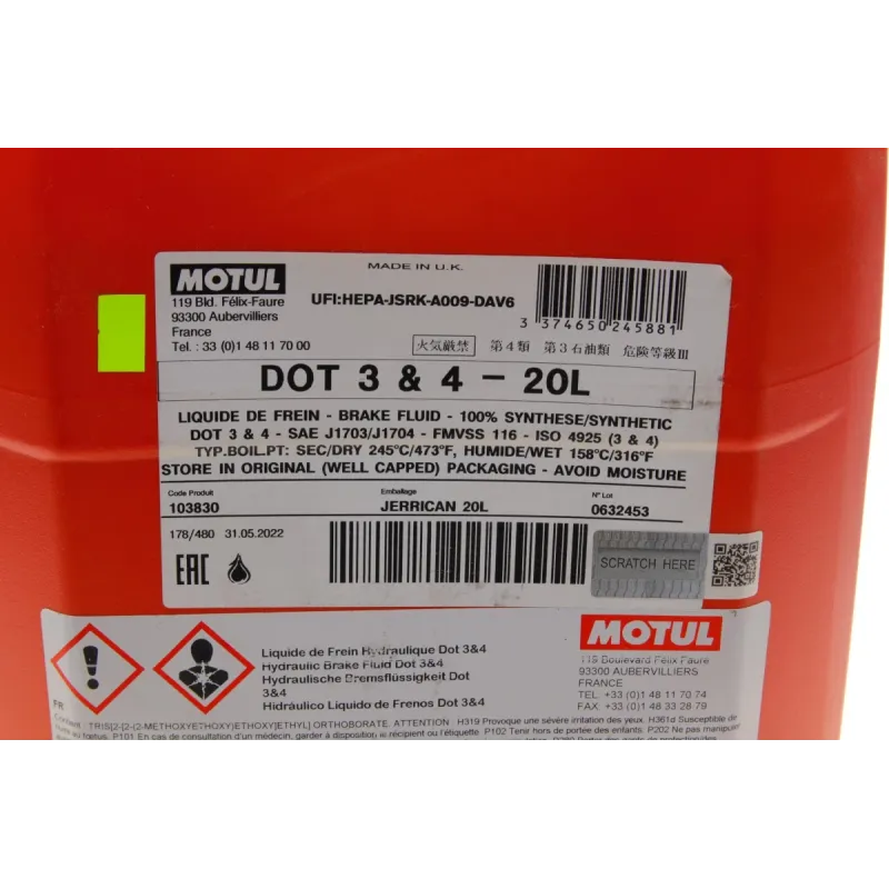 Рідина гальмівна MOTUL DOT 3&4 (20L) 807922