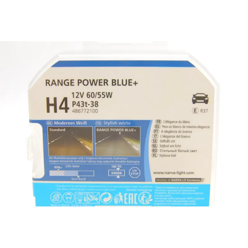 Автолампа NARVA H4 12V 60/55W P43t Range Power Blue+ (3700K) 486772100 для Alfa Romeo 164, 33, 75