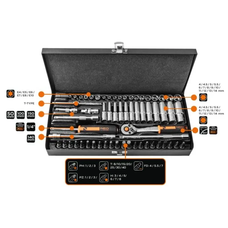 Набір інструментів комбінований NEO TOOLS 10-008 (63 од., хромовані)