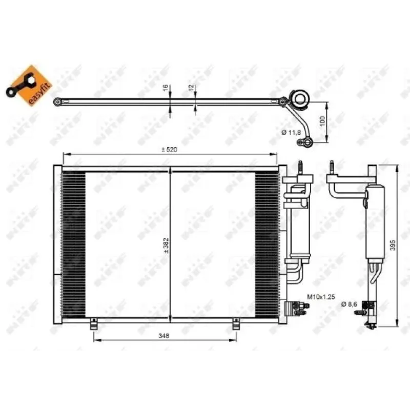 Радіатор кондиціонера NRF 350205 з осушувачем для Ford Fiesta VI 1.2-1.6 2008-, 520x382x16 мм