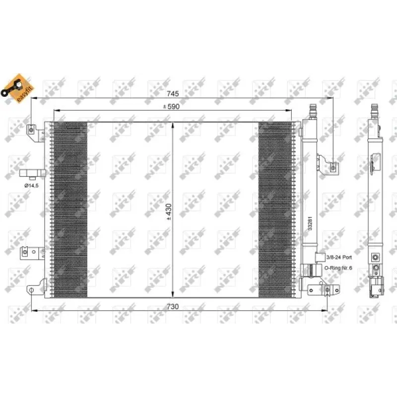 Радіатор кондиціонера NRF 35739 з осушувачем для Volvo S60/S80/V70/XC70 2.0-2.5 2000-2010, 590x430x16 мм