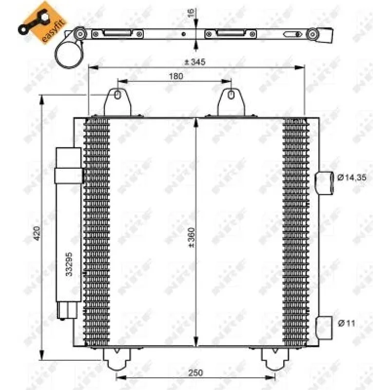 Радіатор кондиціонера NRF 35778 з осушувачем для Citroen C1, Peugeot 107, Toyota Aygo 1.0/1.4HDi 2005-2014, 360x345x16 мм