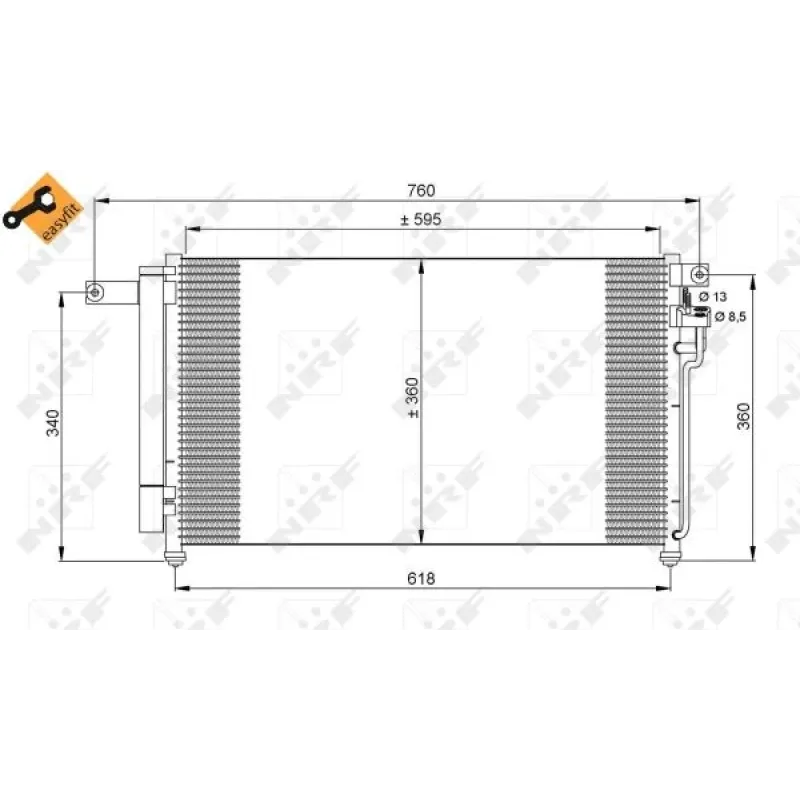 Радіатор кондиціонера NRF 35851 для Kia Rio II (JB) 1.4/1.6 2005-2011, 595x360 мм з осушувачем