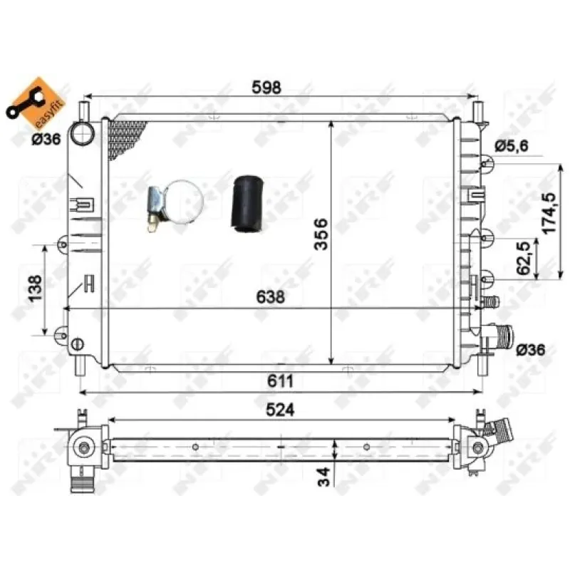 Радіатор охолодження NRF 514436 для Ford Escort 1.4-1.8 1990-2000, 524x356x34 мм