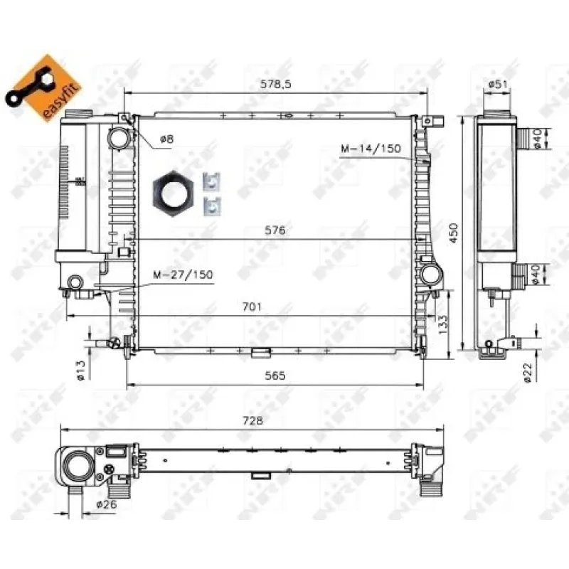 Радіатор охолодження NRF 53852 для BMW 5 (E34) 1.8-2.5i 89-96, 521x435x34 мм