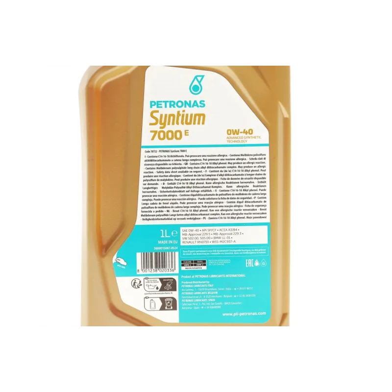 Моторна олива PETRONAS SYNTIUM 7000 E 0W40 1L (MB 229.5/VW 502.00) 70722E18EU
