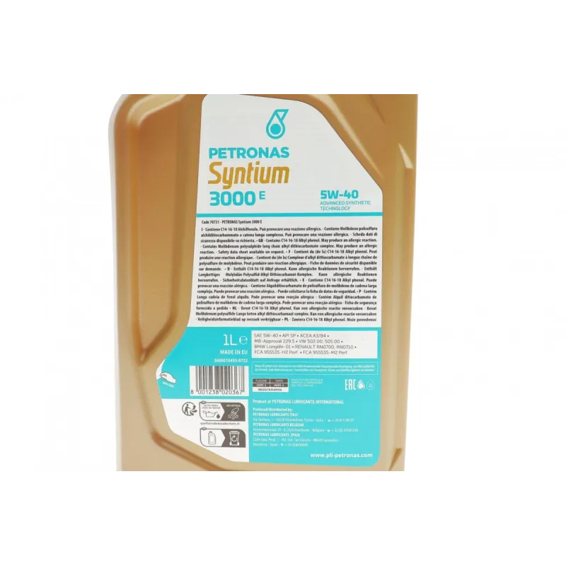 Моторна олива PETRONAS SYNTIUM 3000 E 5W40 1L (MB 229.5/VW 502.00/505.00/BMW LL-01/RN0700/RN0710) API SP/ACEA A3/B4, артикул 70731E18EU
