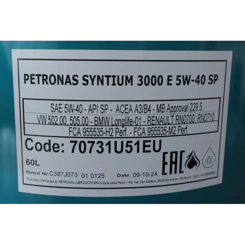 Моторна олива PETRONAS SYNTIUM 3000 E 5W40 60л (MB 229.5/VW 502.00) 70731U51EU
