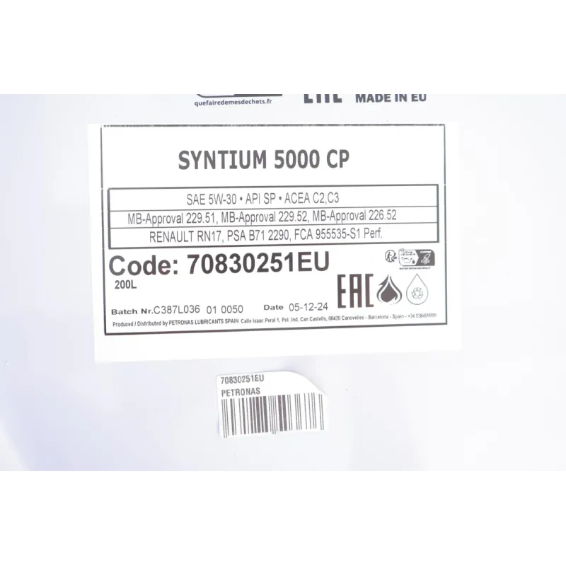 Олива 5W30 SYNTIUM 5000 CP (200L) (MB229.51/MB229.52/MB226.52/Renault RN17/PSA B71 2290) (з-на на 71233251EU)