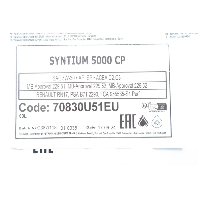 Моторна олива PETRONAS SYNTIUM 5000 CP 5W-30 60л (MB 229.51/52, RN17, PSA B71 2290) 70830U51EU