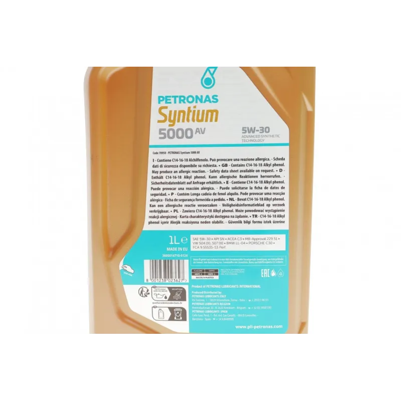 Моторна олива PETRONAS SYNTIUM 5000 AV 5W30 (1L) LL-04/VW 504.00/507.00/MB 229.51/Porsche C30 (артикул 70950E18EU)