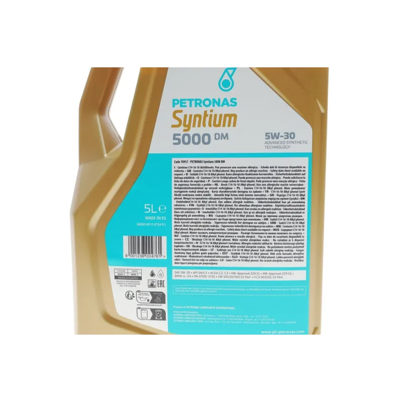 Моторна олива PETRONAS SYNTIUM 5000 DM 5W-30 5L (MB 229.51/229.52, VW 505.00/505.01, BMW LL-04) 70957M12EU