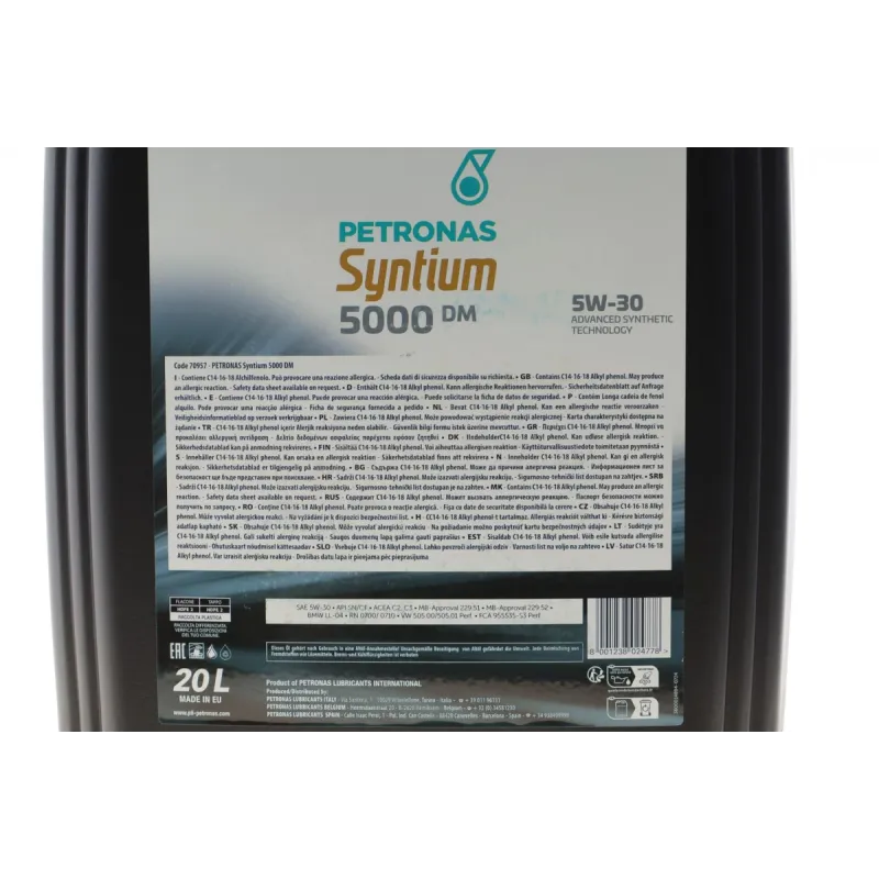 Моторна олива PETRONAS SYNTIUM 5000 DM 5W-30 20л (MB 229.51/52, VW 505.00/01, BMW LL-04, RN0700/10) 70957R41EU